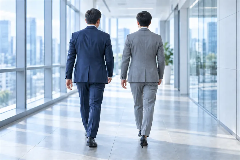 オフィスの廊下を並んで歩く2人の後ろ姿