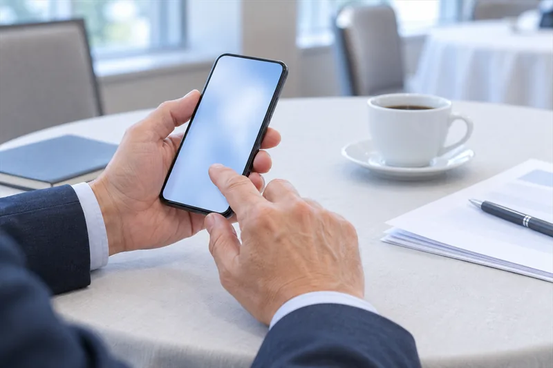 円卓でスマートフォンを操作する手